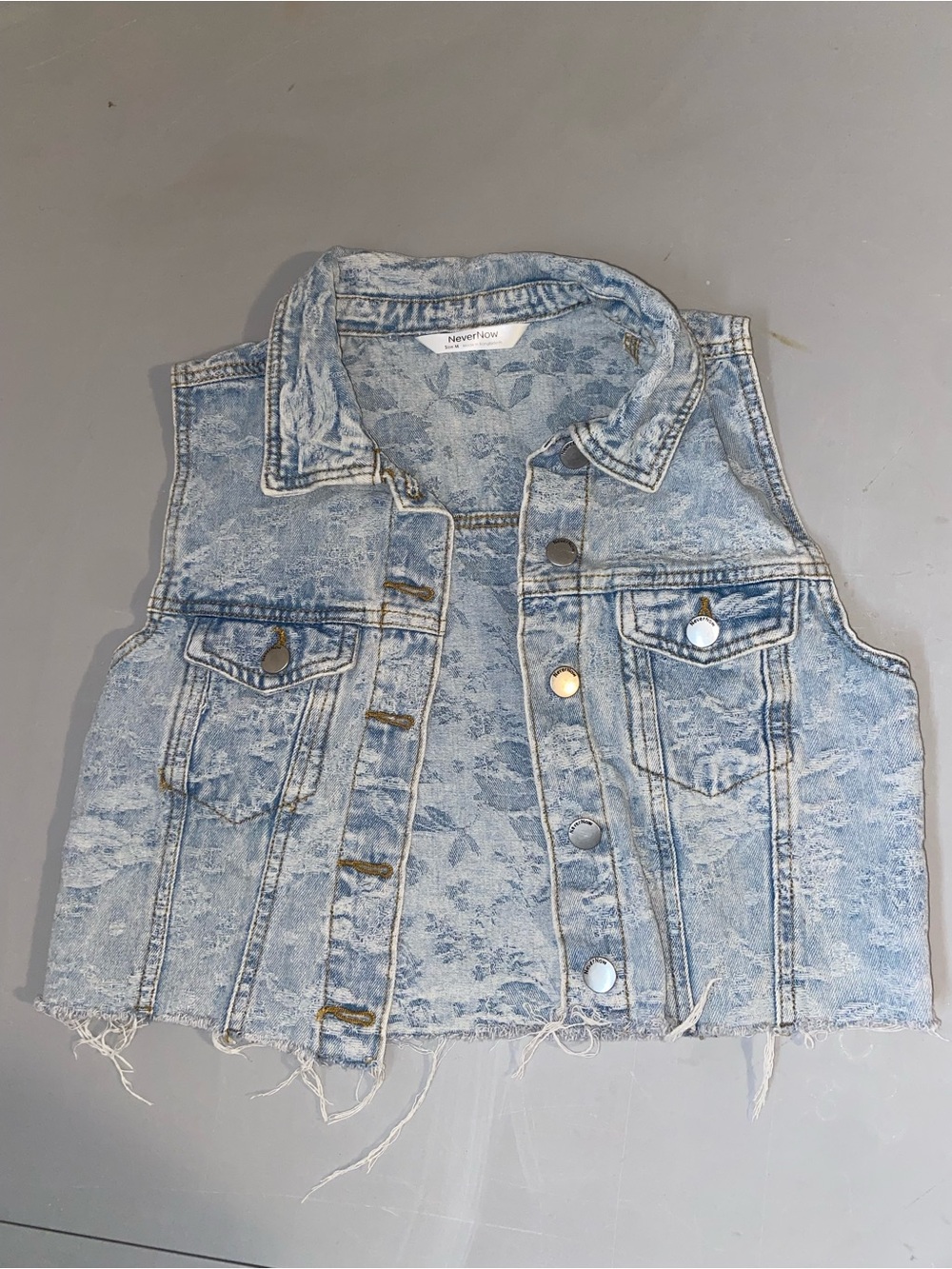 NeverNow Distressed Crop Denim Vest with Floral Detail